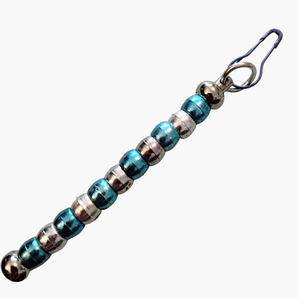 Beaded Bag Charm Zipper Pull Key Fob Iridescent Metallic Blue Silver Metal Clip